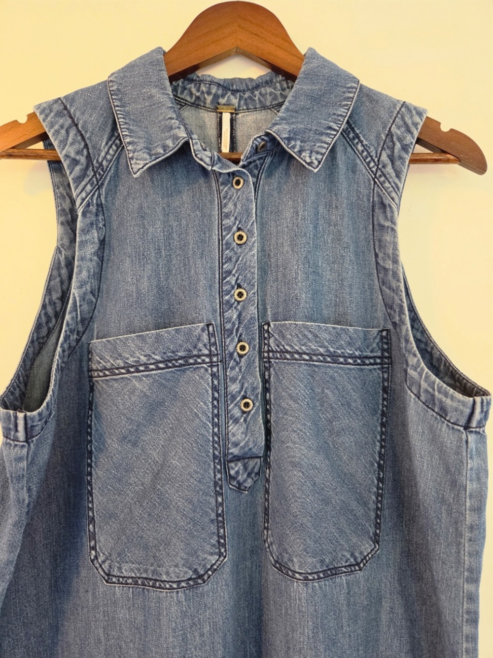 Free People denim maxi dress L sleeveless button 1/4 front collar cowgirl boho - Picture 2 of 10